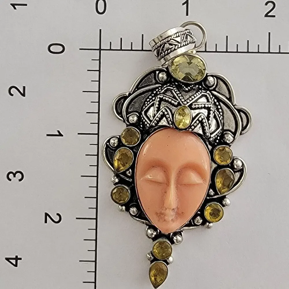 Womens Watch Coral Face Yellow Stone Silver Tone Dress/Formal Statement Pendant